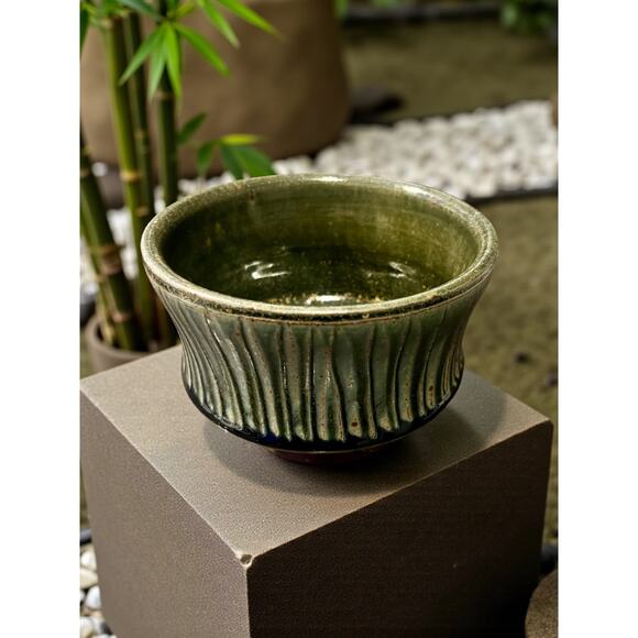 Brad Tucker Cedar Creek Pottery Green Ribbed Bowl-Handmade NC Studio Art-Glaze - Picture 2 of 8